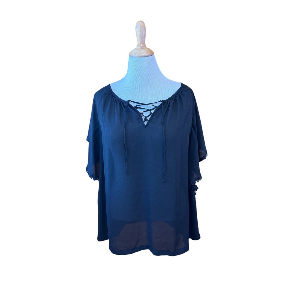 a.n.a A New Approach Womens 2X Black Lace Up Flutter Sleeve Pom Pom Blouse